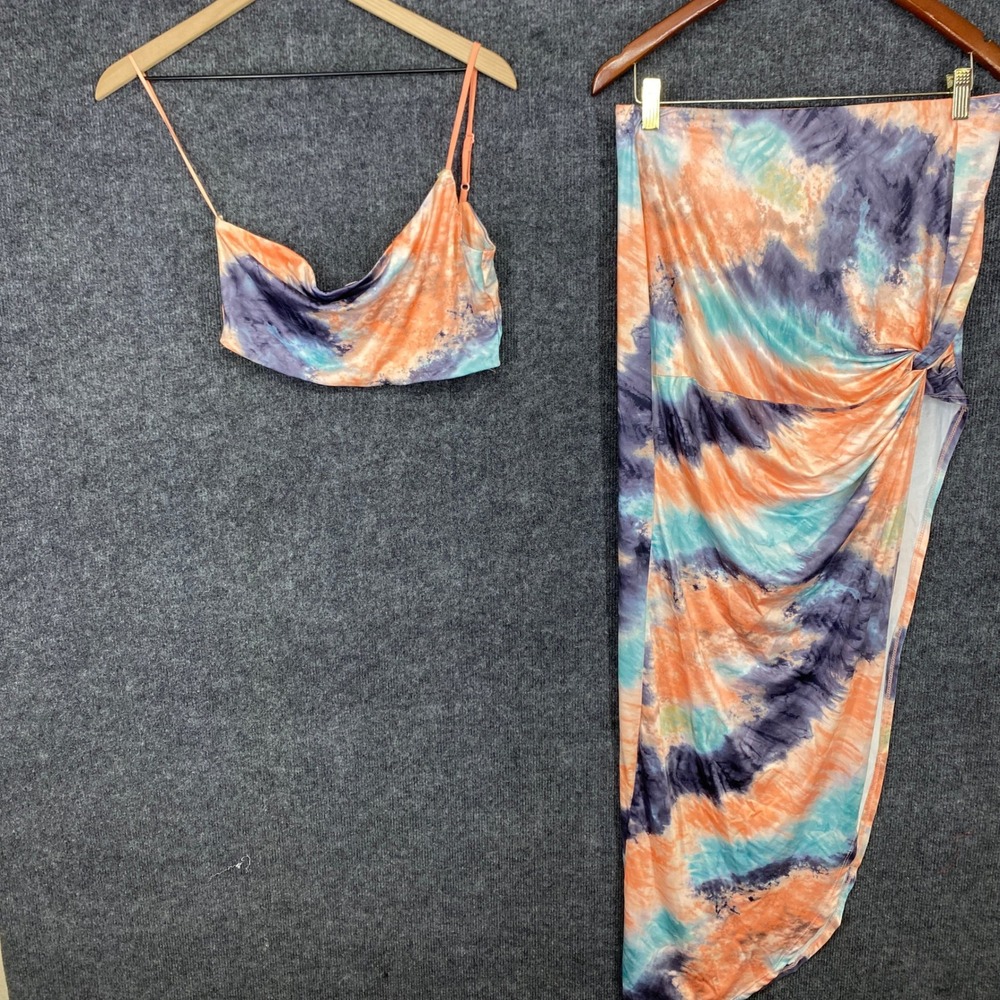 Windsor Tie Dye Two Piece Set Women Medium Orange Purple Cowl Top Maxi Skirt